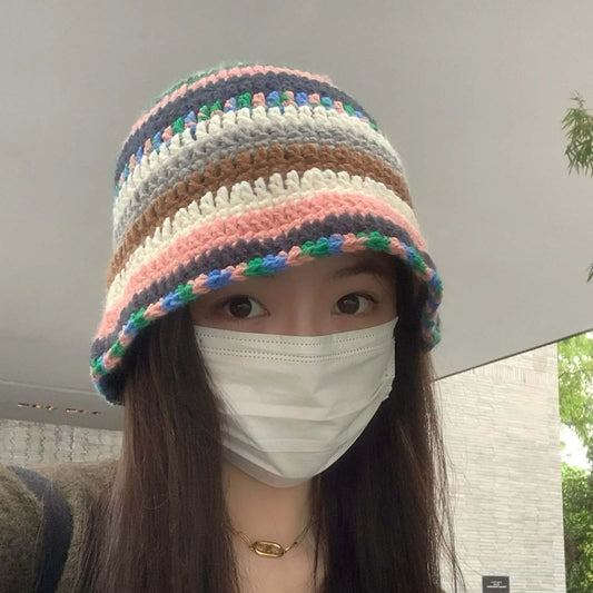 Womens Color Striped Knit Fisherman Bucket Hat