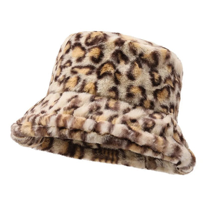 Leopard Print Plush Winter Bucket Hat