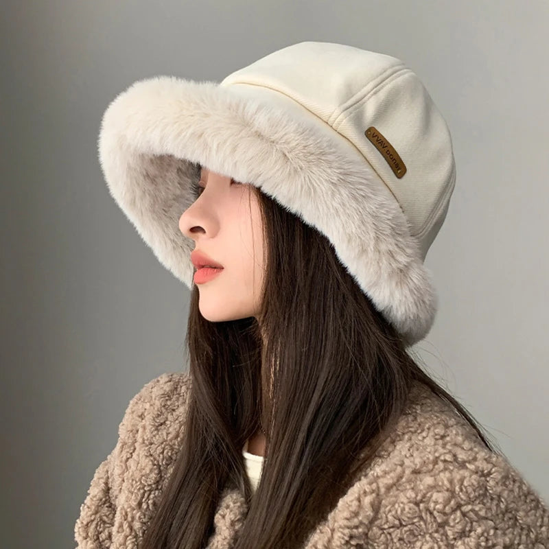 Fluffy Fur Bucket Hat Women Winter