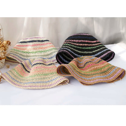 Women Rainbow Straw Crochet Sun Bucket Hat