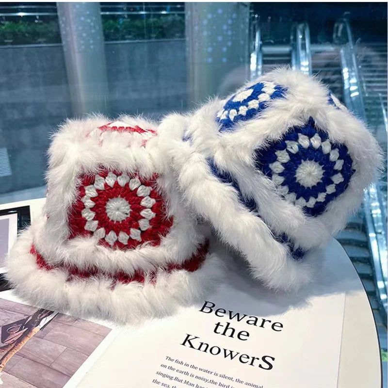 Women Rabbit Fur Crochet Winter Bucket Hat