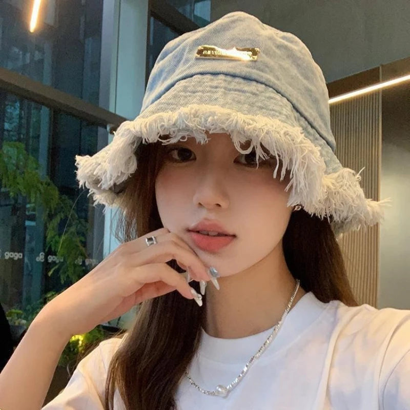 Korean Fringed Washed Denim Bucket Hat