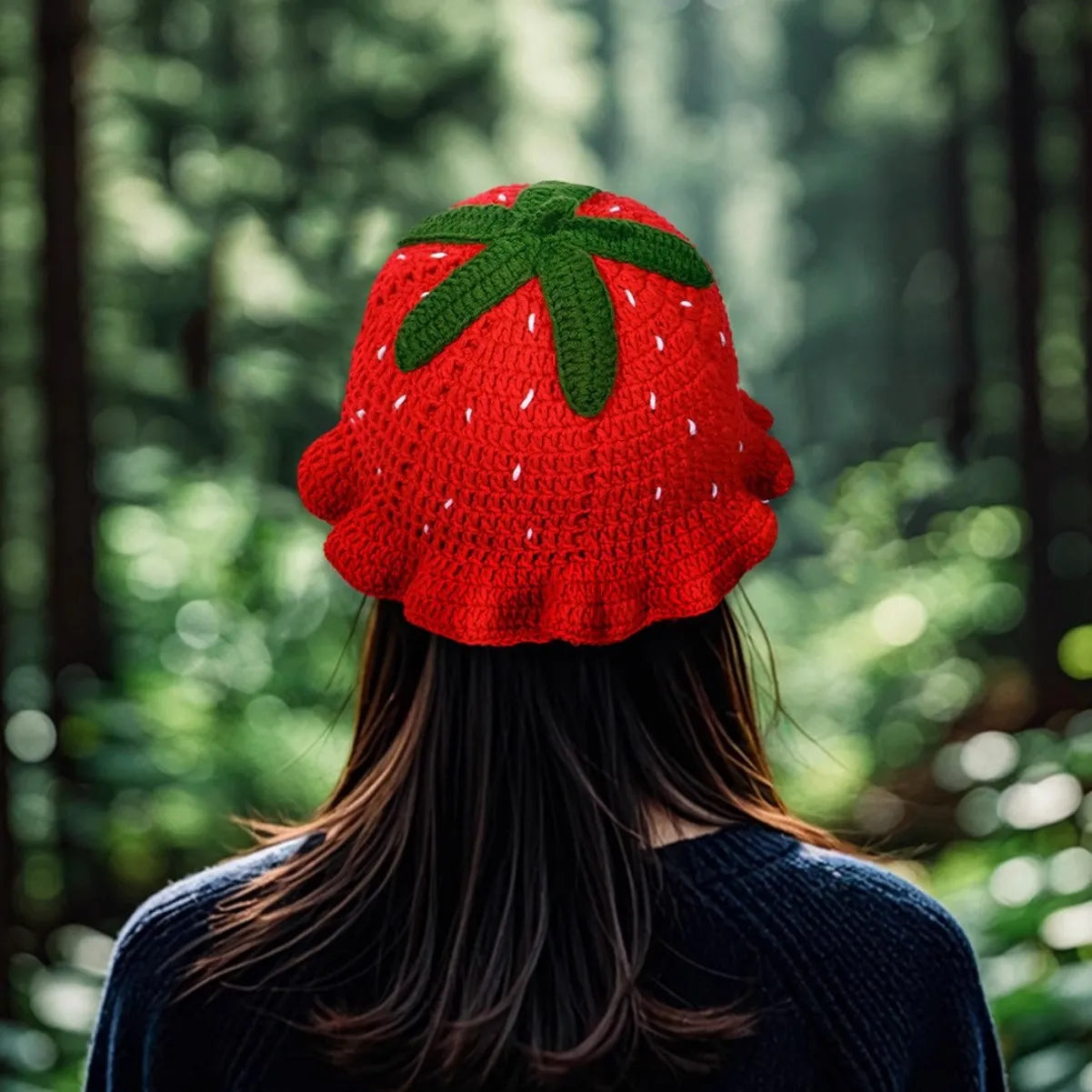 3D Strawberry Crochet Ruffle Bucket Hat