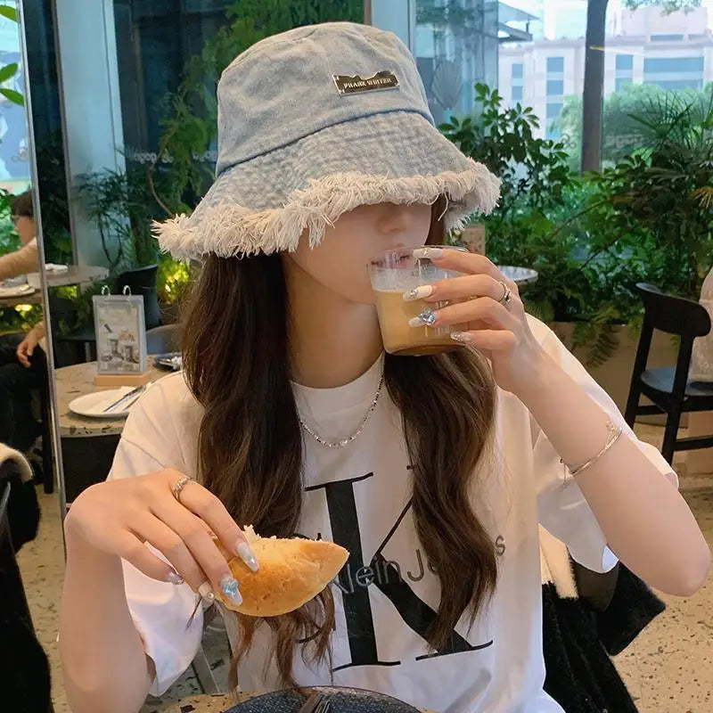 Korean Fringed Washed Denim Bucket Hat