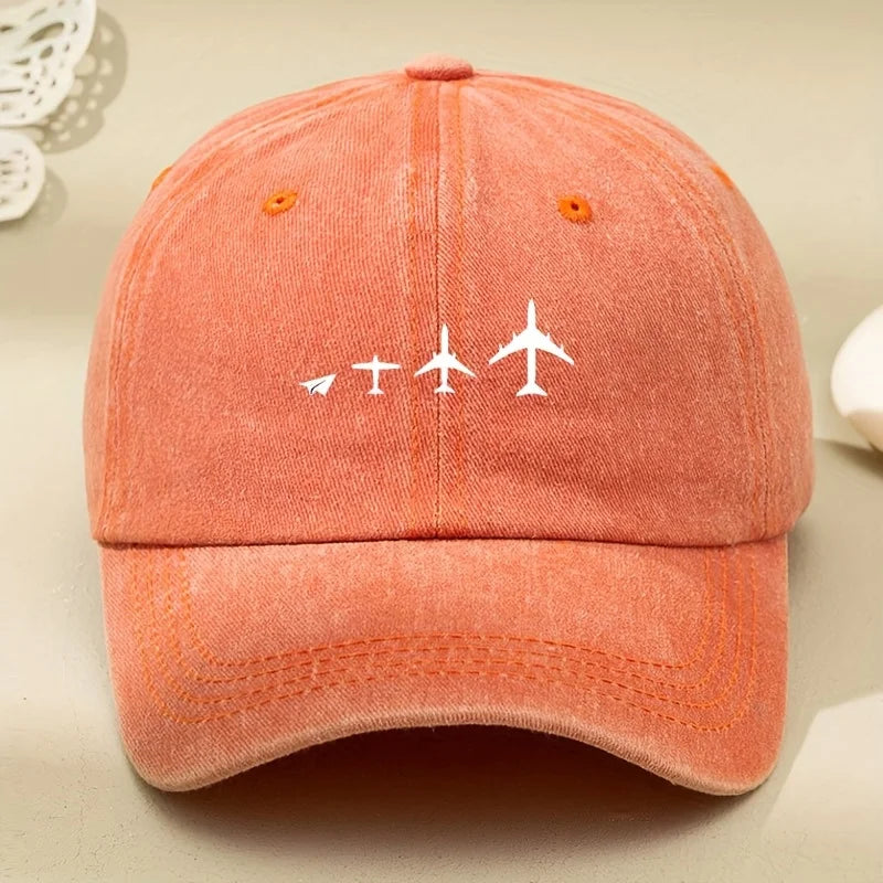 Retro Airplane Print Washed Baseball Cap