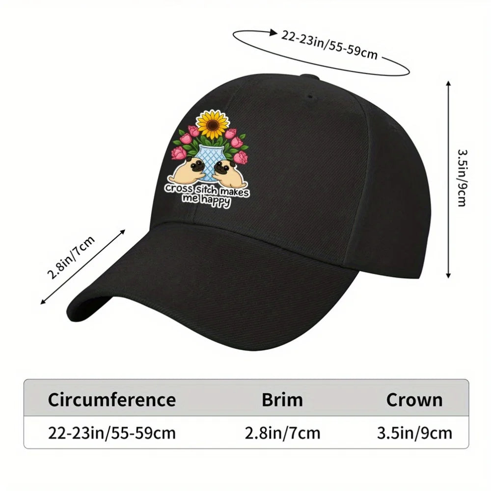Cross Stitch Makes Me Happy Pug Sunflower Floral Baseball Cap