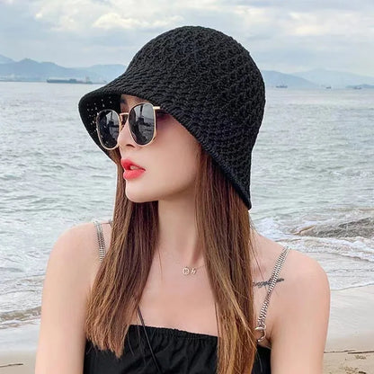 Women Wide Brim Straw Beach Bucket Hat