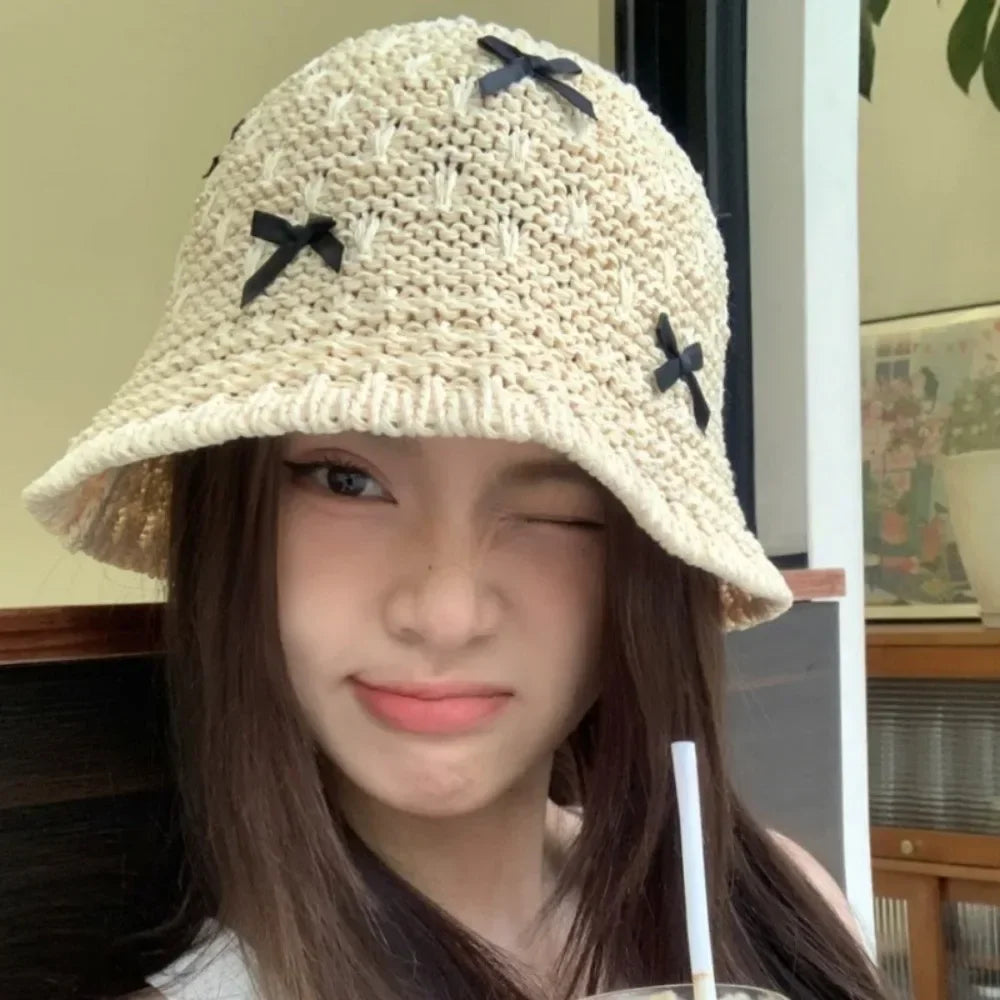 Mini Bow Korean Straw Beach Bucket Hat