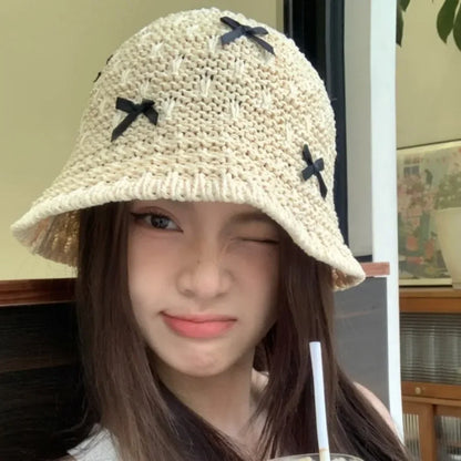 Mini Bow Korean Straw Beach Bucket Hat