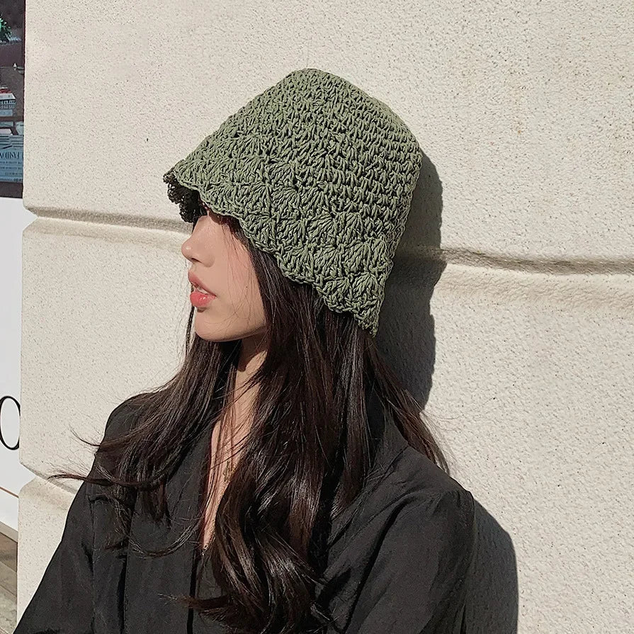 Women Retro Handmade Straw Travel Beach Bucket Hat