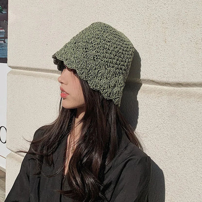 Women Retro Handmade Straw Travel Beach Bucket Hat