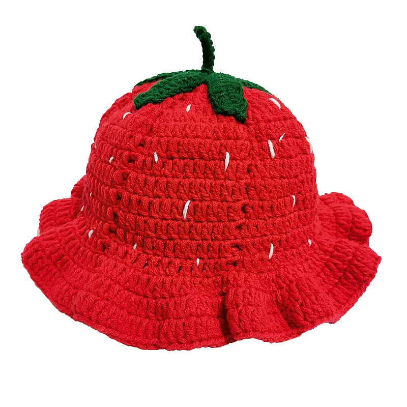 3D Strawberry Crochet Ruffle Bucket Hat