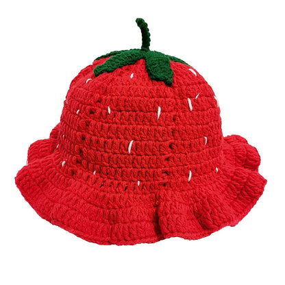 3D Strawberry Crochet Ruffle Bucket Hat