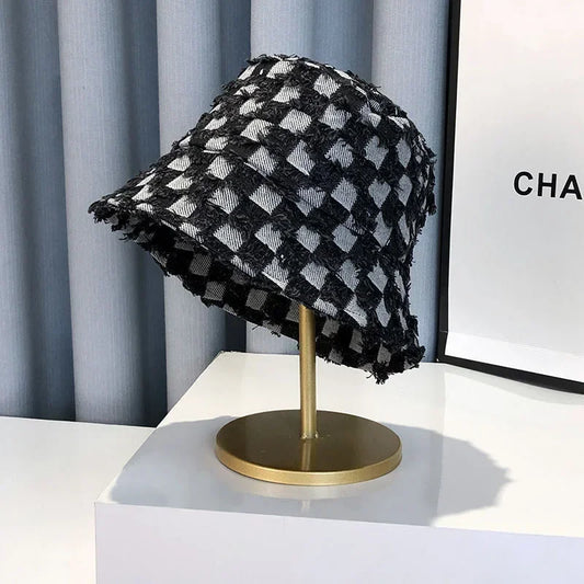 Women's Wide Brim Cotton Checked Sun Bucket Hat