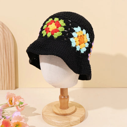 Colorful Floral Patchwork Black Crochet Bucket Hat