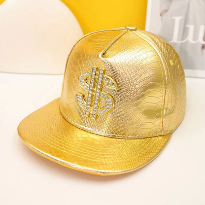 Crocodile Pattern Gold Dollar Sign Flat Brim Hip Hop Baseball Hat