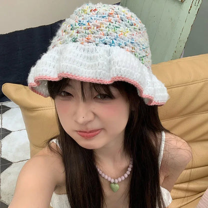 Dopamine Contrast Color Knitted Breathable Women Bucket Hat