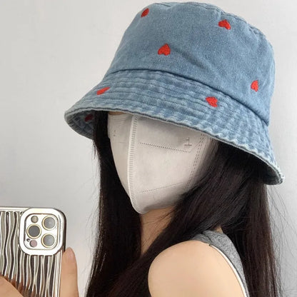 Korean Embroidered Heart Washed Denim Bucket Hat