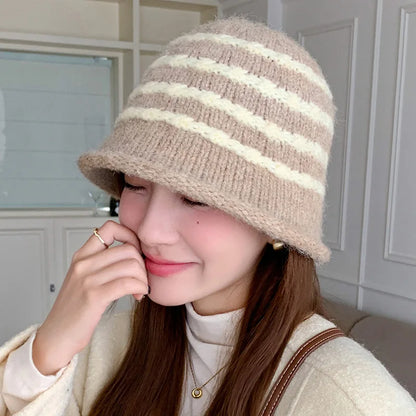 Korean Style Striped Knitted Winter Bucket Hat