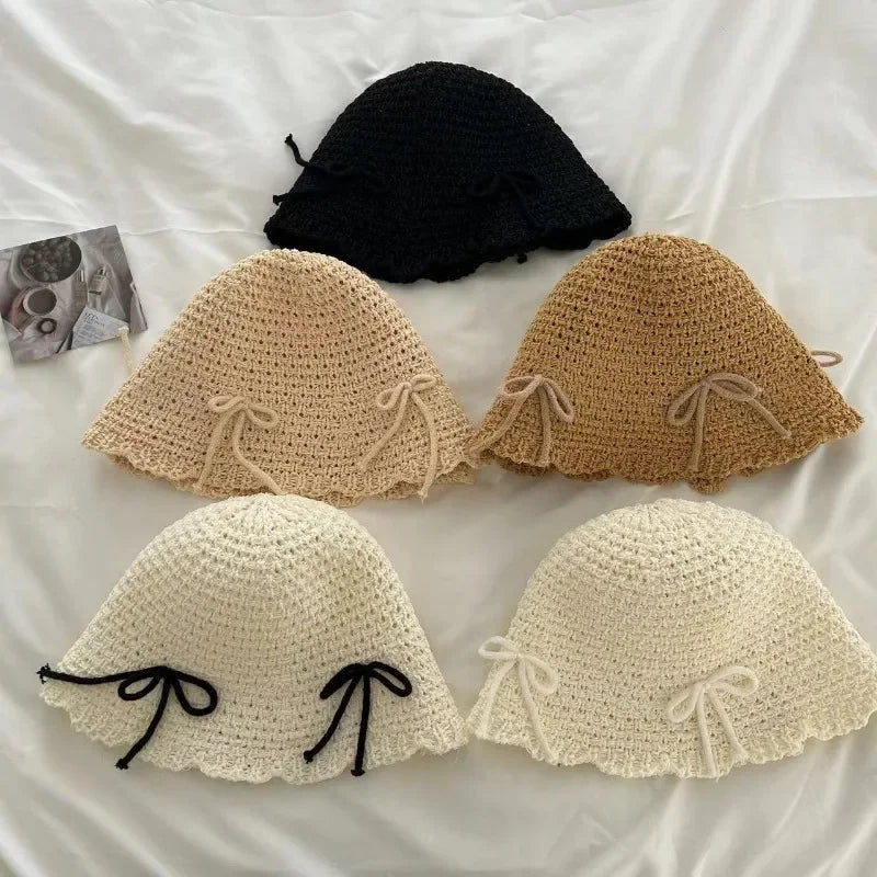 Korean Ins Bow Sweet Straw Summer Bucket Hat