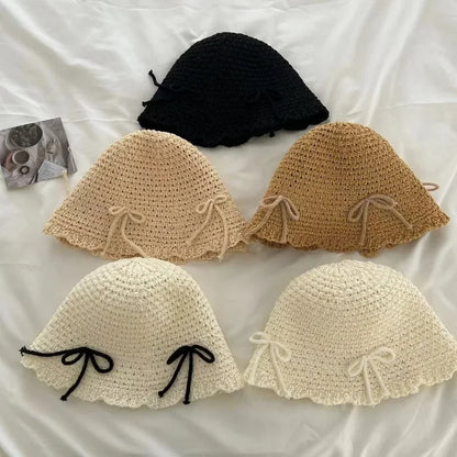 Korean Ins Bow Sweet Straw Summer Bucket Hat