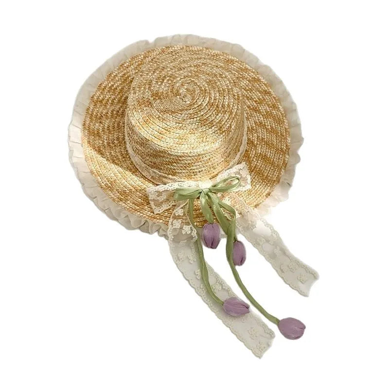 Womens Sun Protection Tulip Bow Grass Bucket Hat