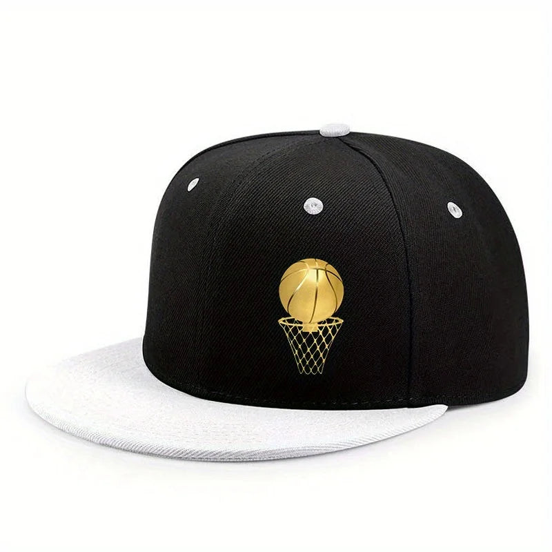 Gold Basketball Hoop Logo Flat Brim Unisex Snapback Cap