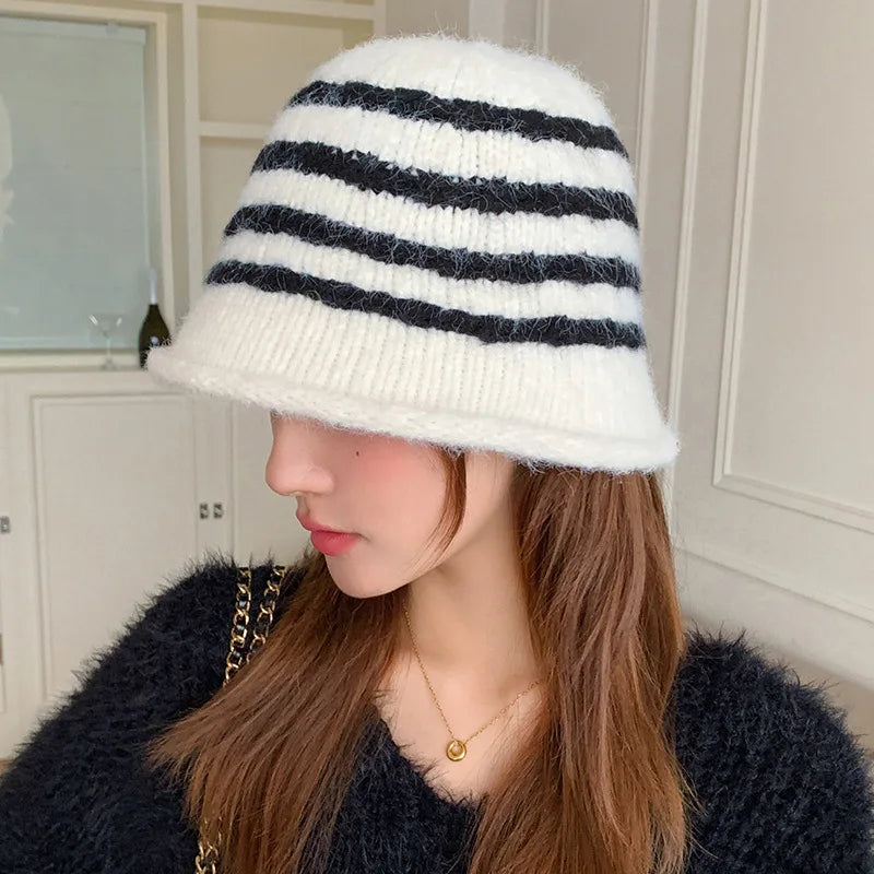 Korean Style Striped Knitted Winter Bucket Hat