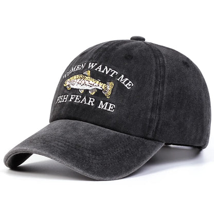 Unisex Fish Embroidery Wash Baseball Caps