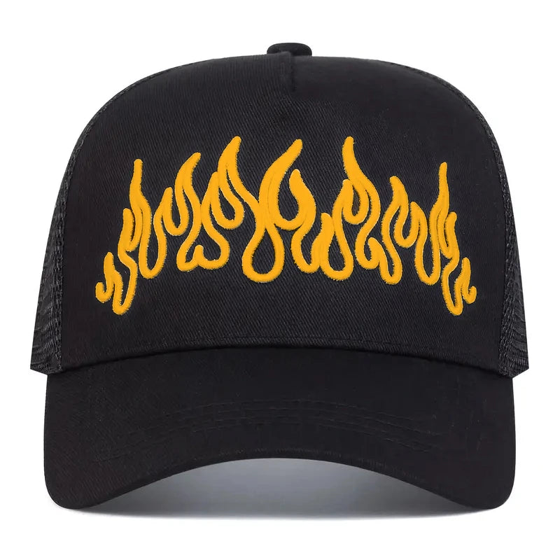 Flame Embroidered Mesh Hip Hop Baseball Hat