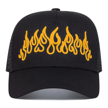Flame Embroidered Mesh Hip Hop Baseball Hat