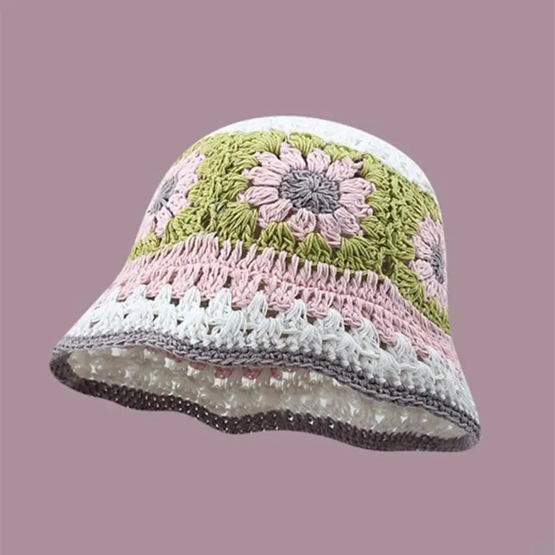 Knit Flower Breathable Multicolor Wide Brim Bucket Hat