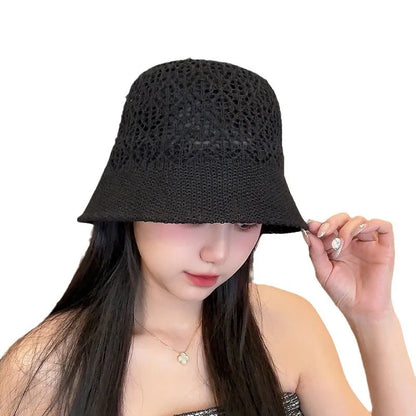 Women Hollow Straw Breathable Big Brim Bucket Hat