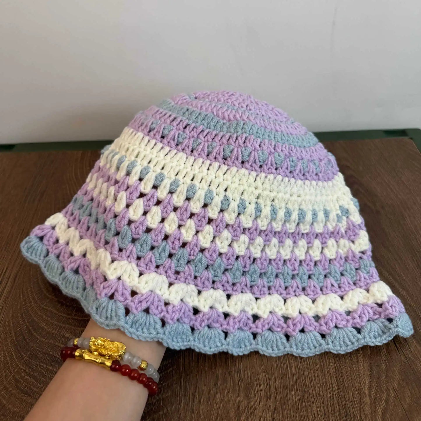 Vintage Handmade Crochet Bohemian Striped Bucket Hat