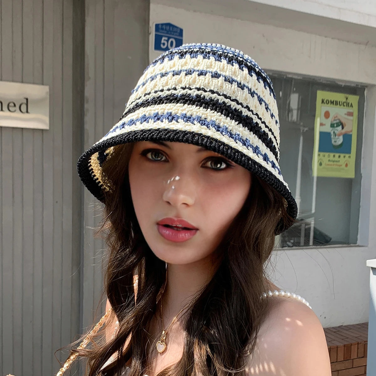 Womens Colorful Striped Knitted Travel Bucket Hat
