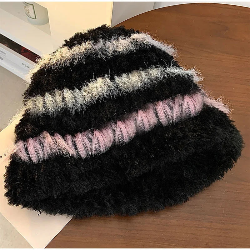 Rabbit Fur Plush Knitted Bucket Hat