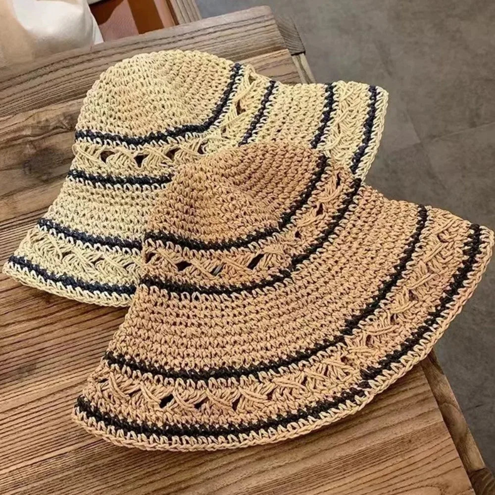 Korean Handmade Straw Crochet Vacation Bucket Hat
