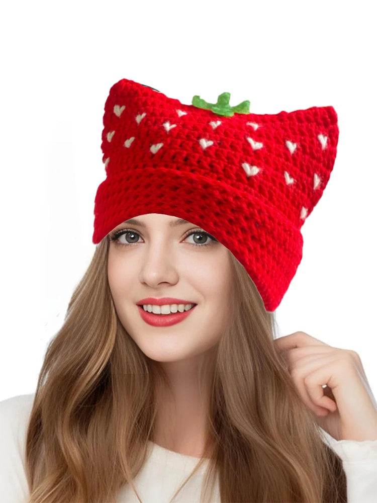 Cartoon Strawberry Crochet Ruffled Bucket Hat