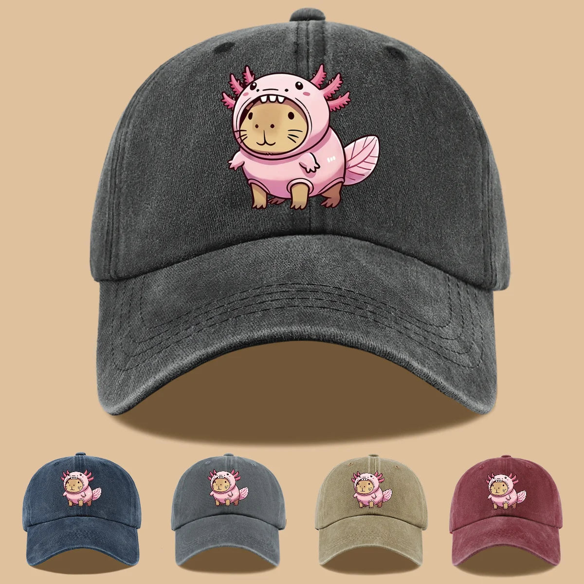 Axolotl Cat Embroidered Denim Baseball Cap