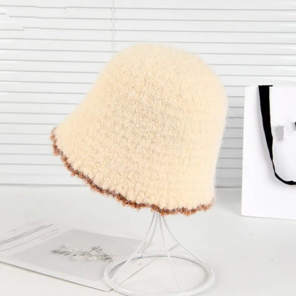 Autumn Winter Knitted Plush Warm Bucket Hat for Women