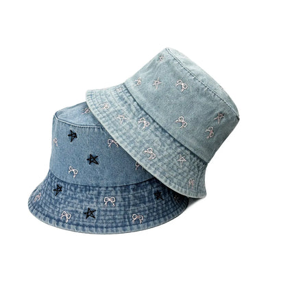 Bow Star Embroidered Denim Bucket Hat