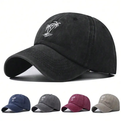 New Coconut Tree Embroidery Vintage Washed Baseball Cap