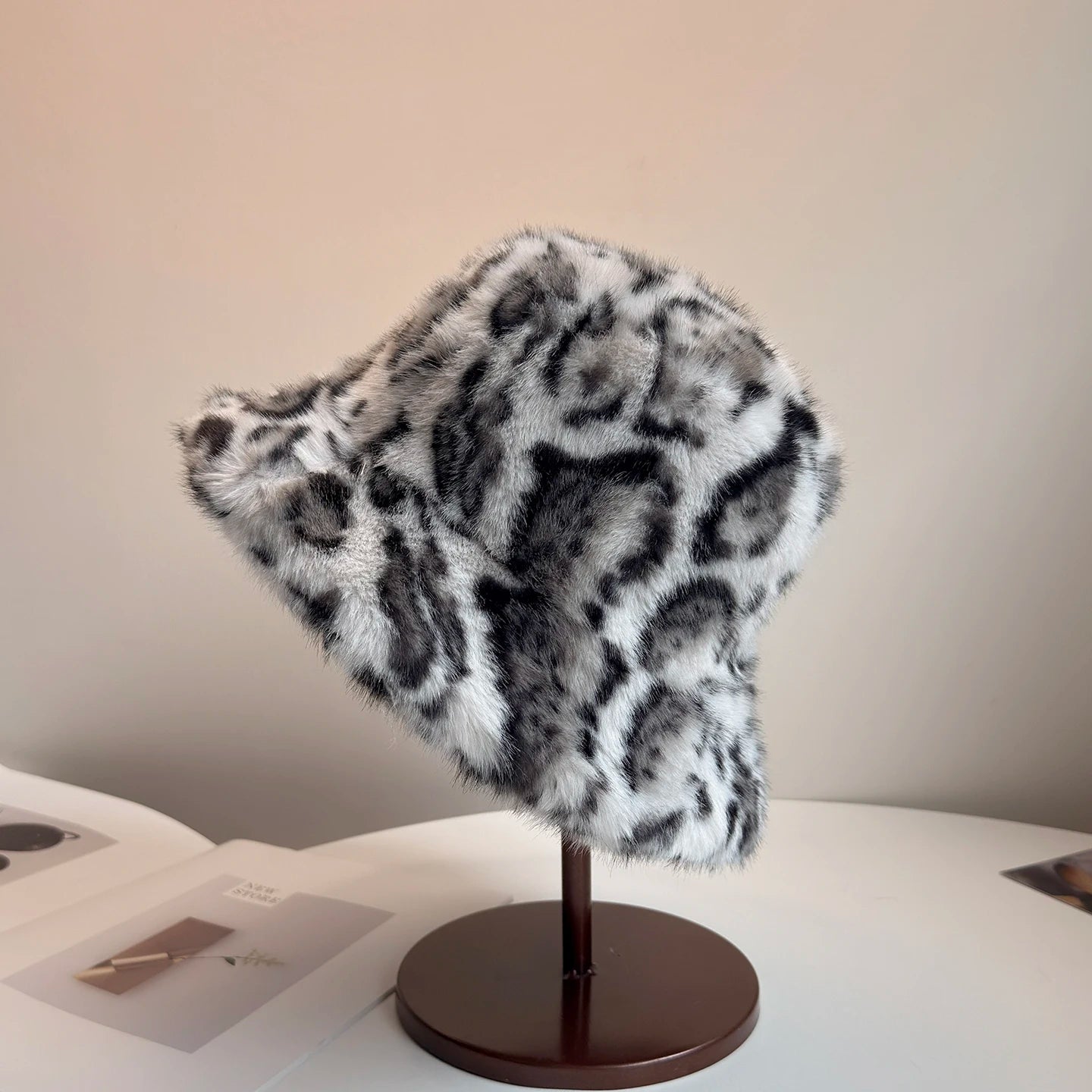 Leopard Print Faux Fur Bucket Hat