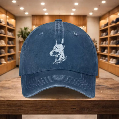 Doberman Printed Washed Denim Adjustable Baseball Cap