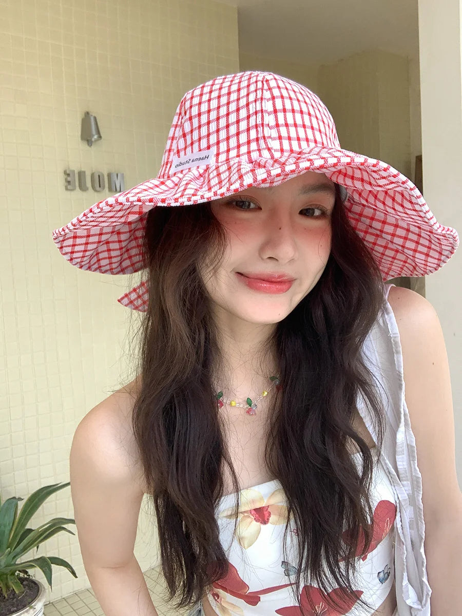 Japanese Plaid Knot Wide Brim Summer Bucket Hat