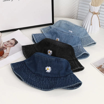 Vintage Daisy Embroidery Cowboy Bucket Hat