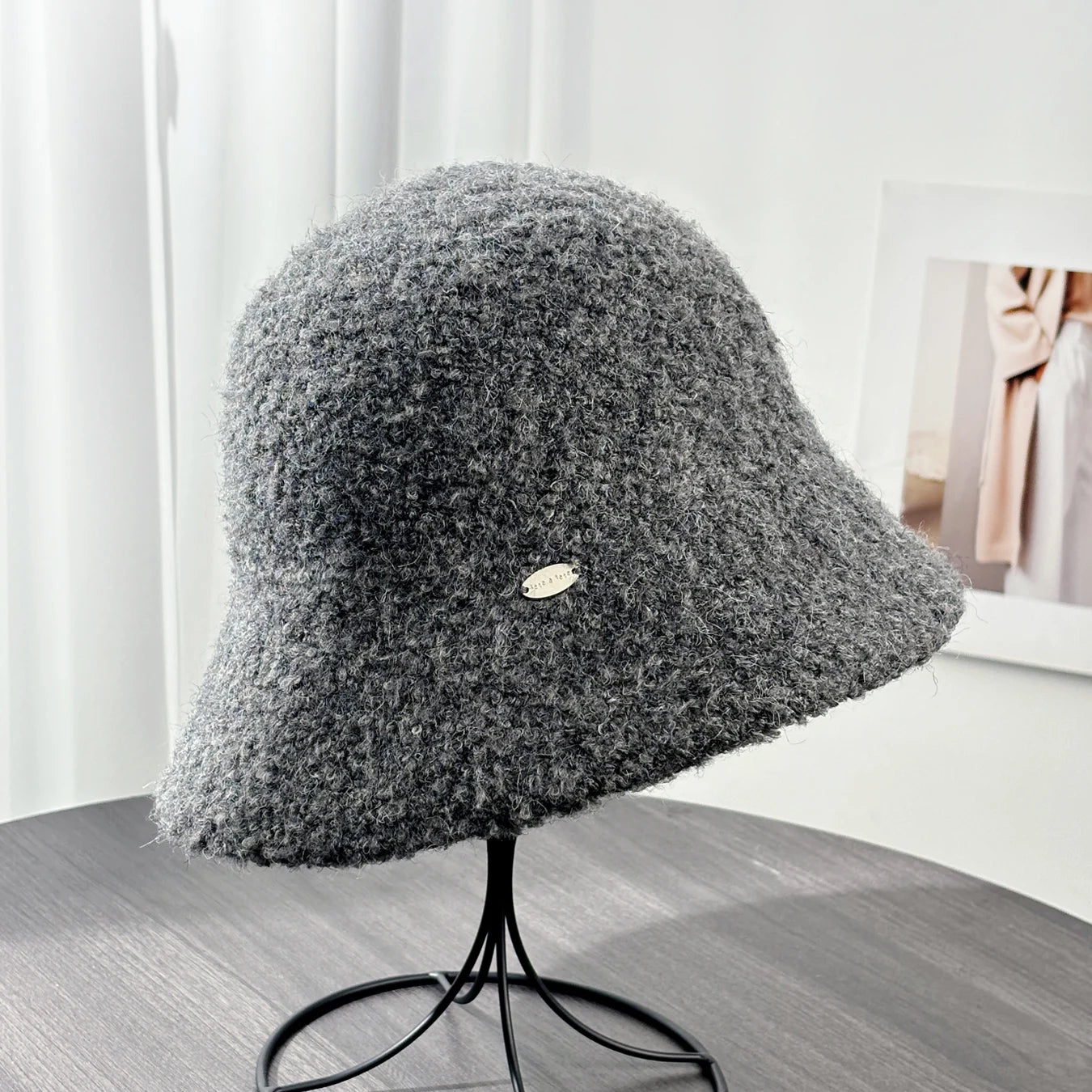 Woolen Letter Metal Logo Warm Bucket Hat