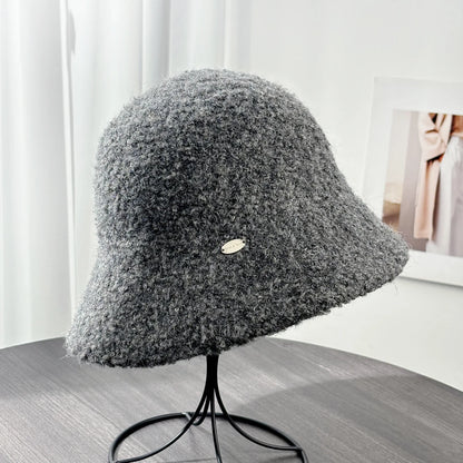 Woolen Letter Metal Logo Warm Bucket Hat