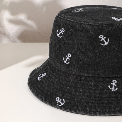 Korean Washed Denim Anchor Fisherman Bucket Hat