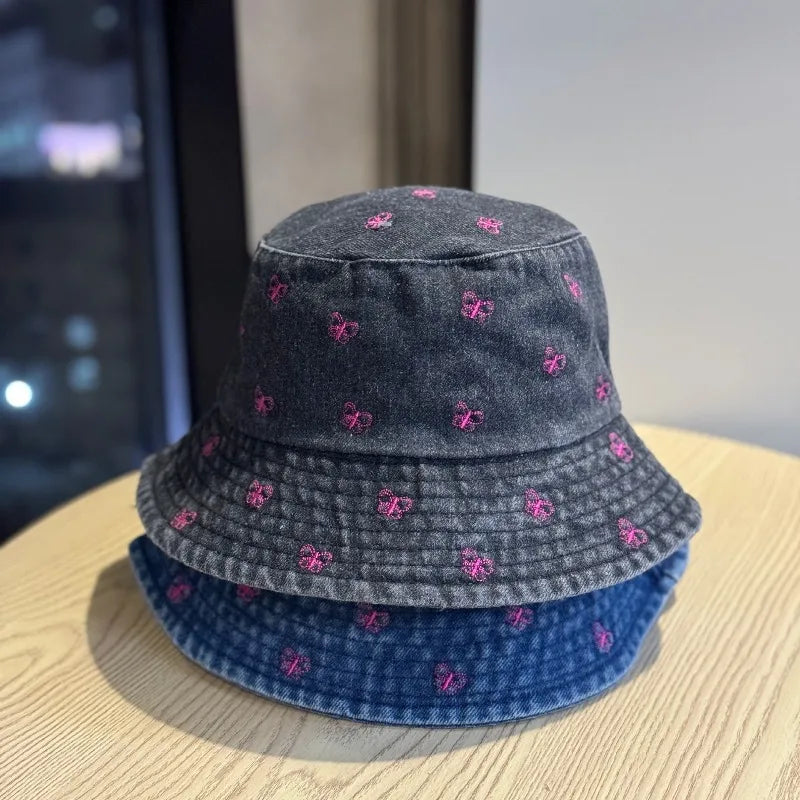 Butterfly Embroidery Denim Summer Fisherman Bucket Hat
